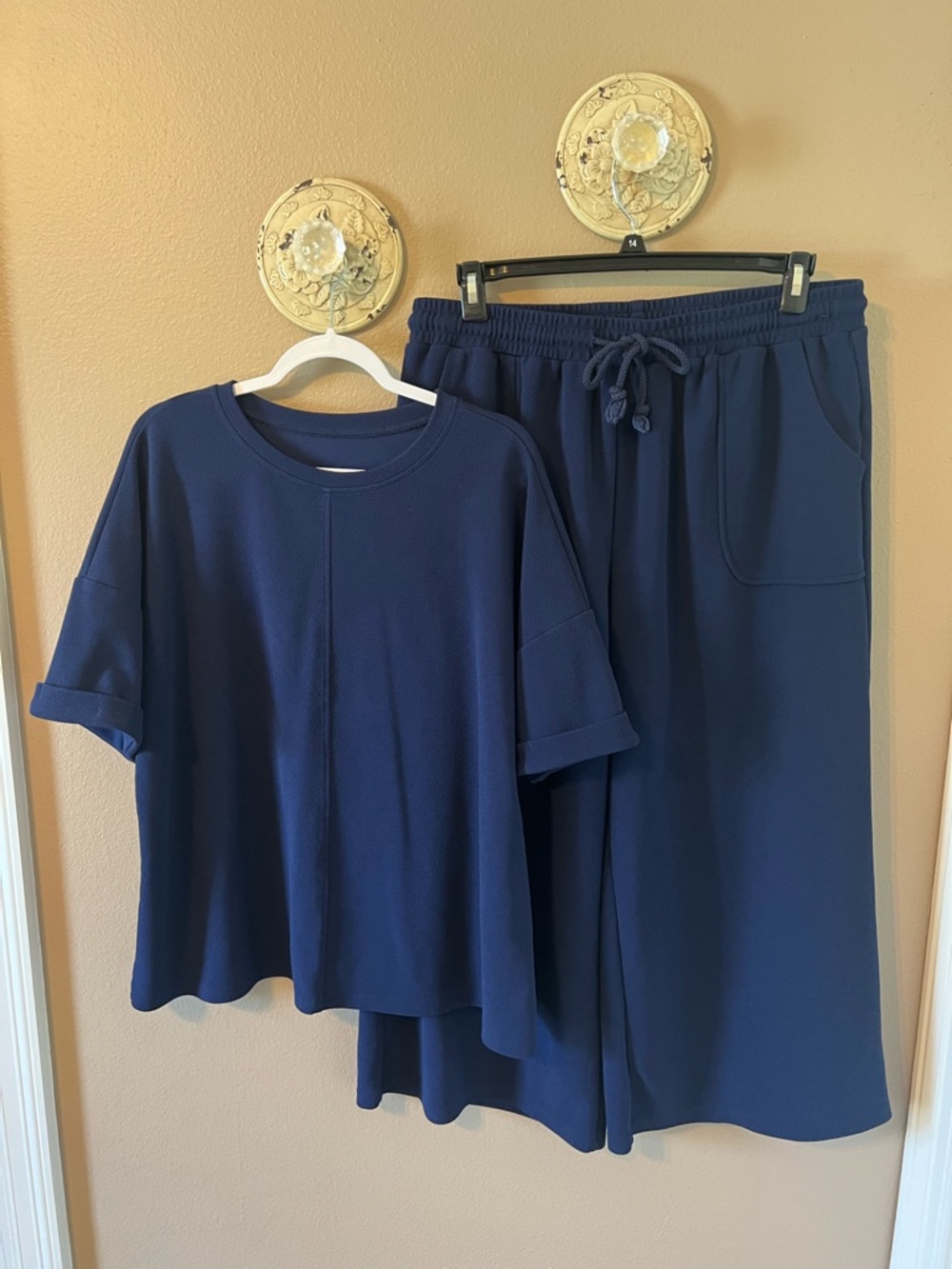 Navy Two-Piece Pant Set - Short Sleeve Top, Drawstring pants wide leg mid calf